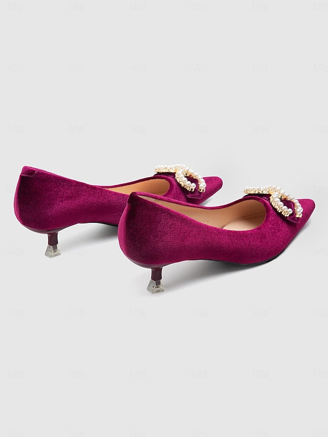 Women's Burgundy Kitten Bow Pumps Heel with Velvet - Pearl