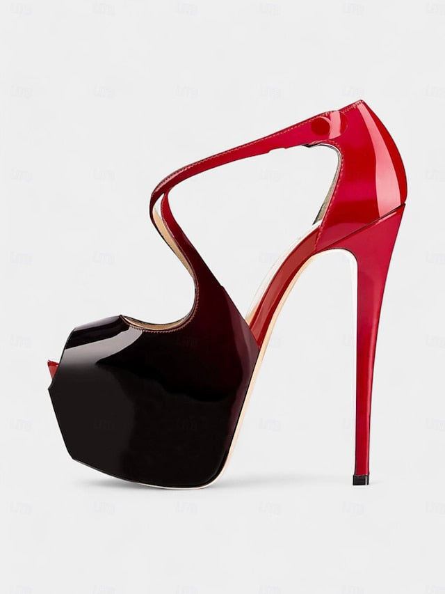 Stiletto Platform Cross with Patent Leather Black Red and Heels