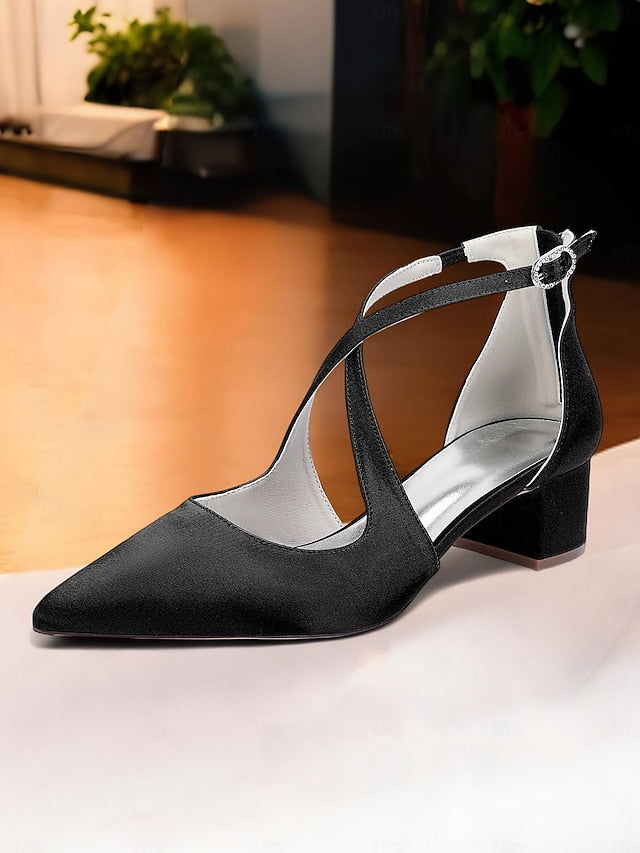 Elegant Ivory Heels Satin Block Pointed Women's Toe -