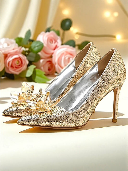 Women's - Gold Embellished Pumps High Crystal Sparkly Heel