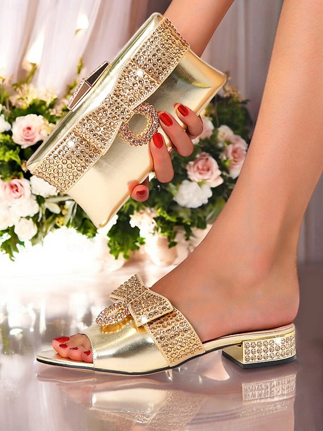 Sandals Flat – Bow Rhinestone Clutch with Matching Gold