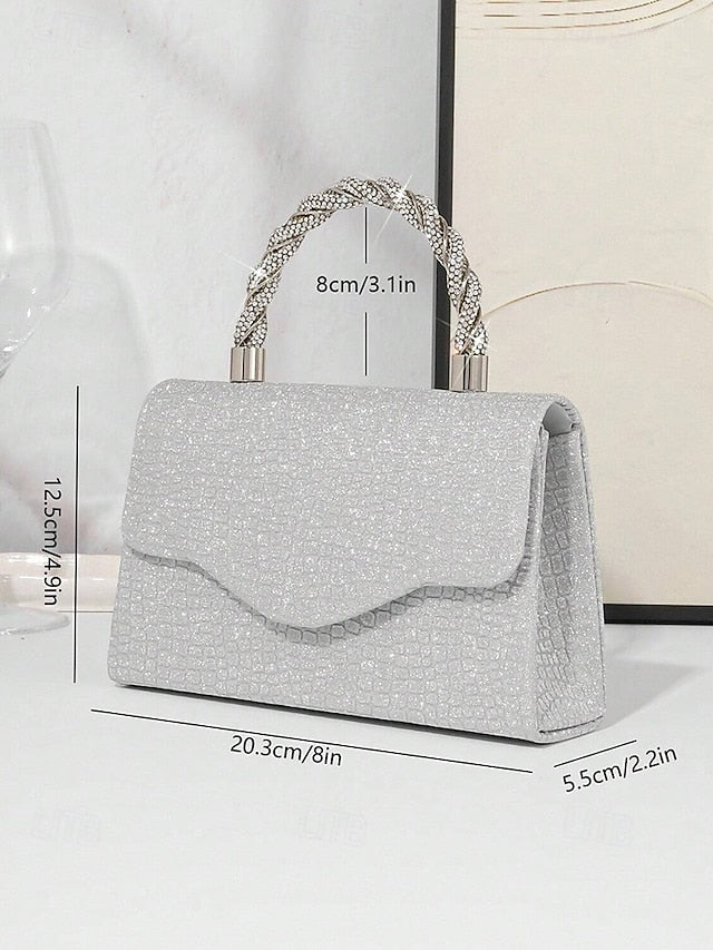 Silver Handbag Glitter Women's – Rhinestone Handle with