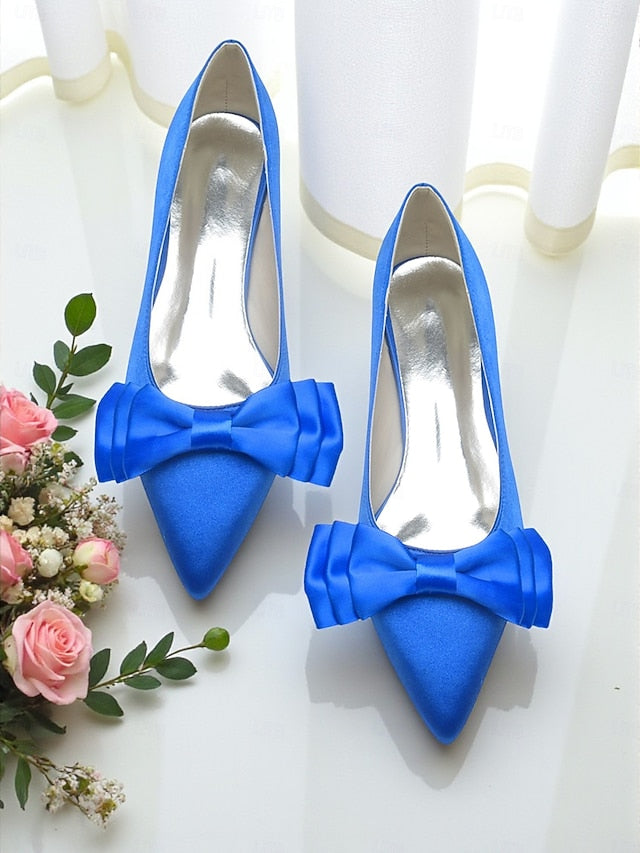 Green Bow Elegant Pointed Toe - Satin Flats Women's