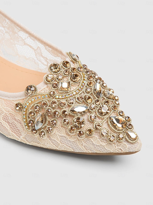 Beige Lace Women's Elegant Ornate Ballet with Flats