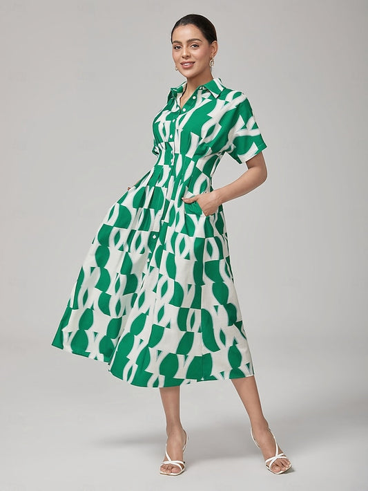 Vintage Green Geometric Pleated Shirt Dress