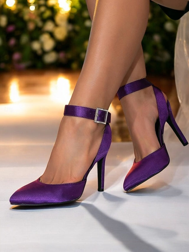 Heels Ankle Toe Purple Strap Women's Pointed Satin –