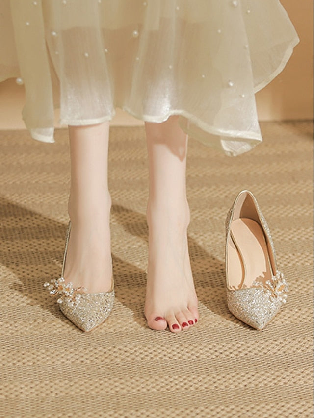 Heels Silver Glitter with Stiletto Floral Women's