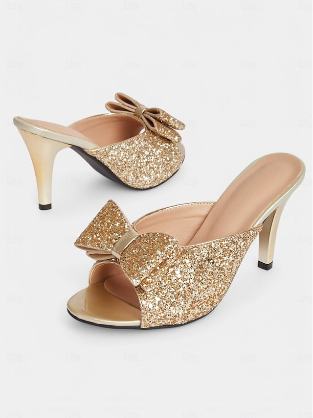 Mules Glitter Bow Stiletto – Party Women's Gold Glamorous