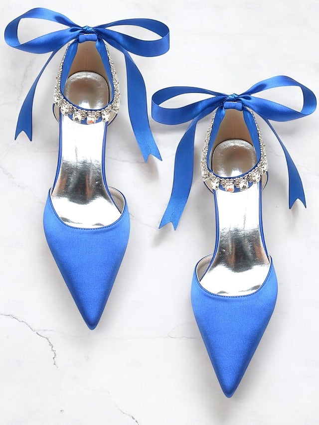 and Ankle with Pointed-Kitten Satin Heels Strap Blue Rhinestone