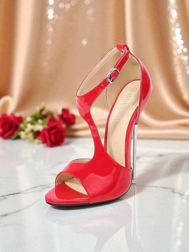 Heels Open Women's - Stiletto Red Patent Leather Strappy