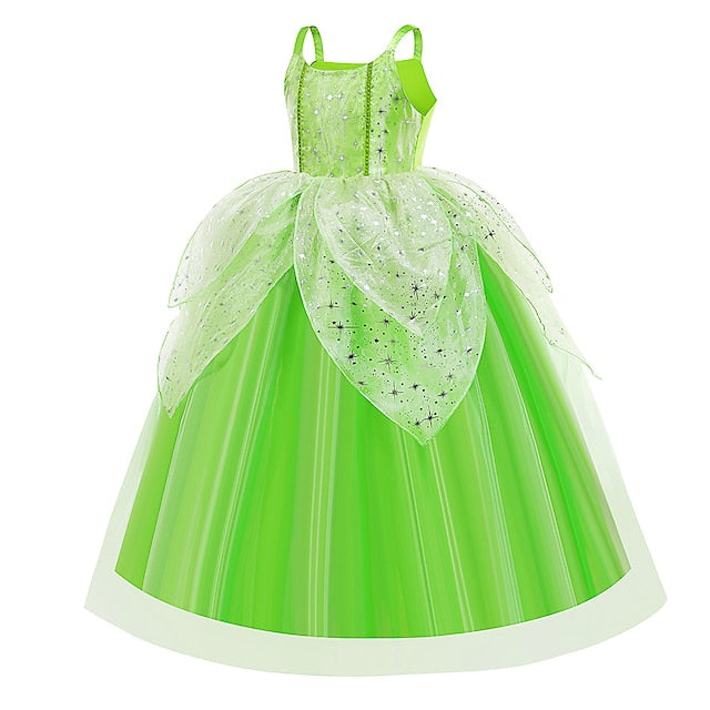 Tiana Fairytale Dress Girl Princess Theme Bell Tinker Flower