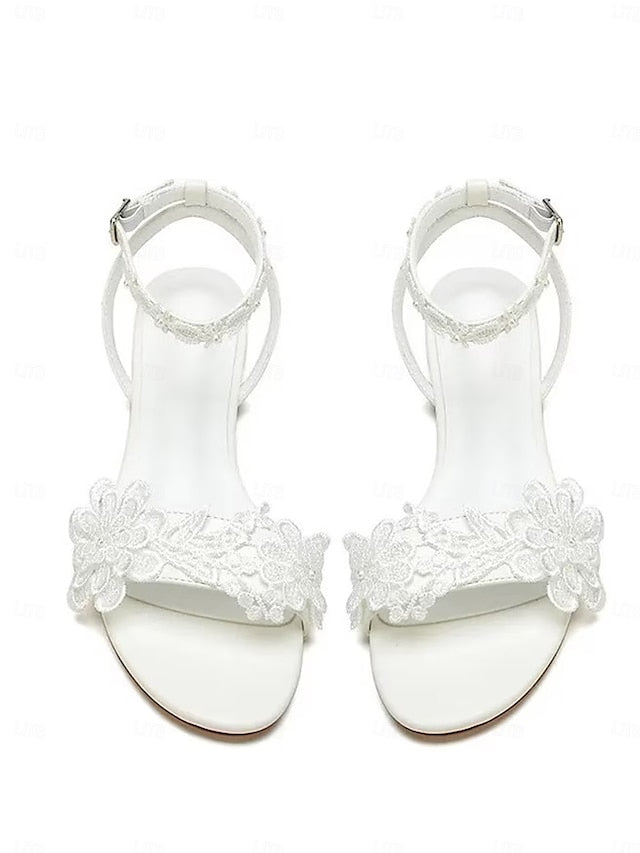 Open-Toe with Straps White Sandals Flats Ankle Block Lace Floral