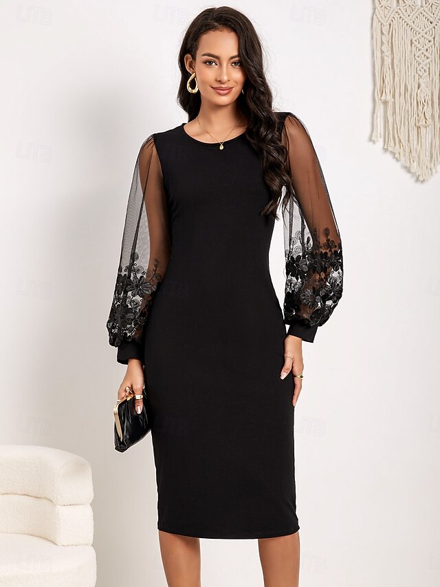 Women's Tea Length Black Dress Lace Dress Elegant Christmas