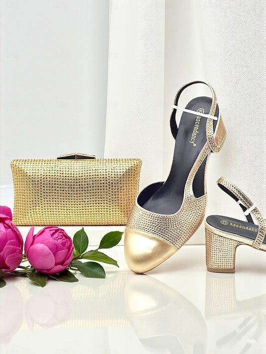 Block Matching Heel and Women's Set Sandals Gold - Clutch