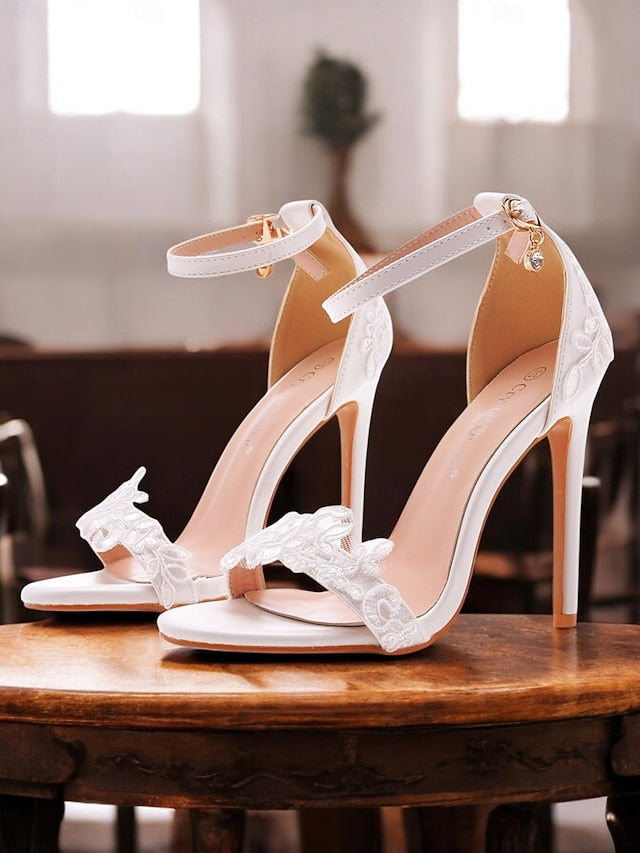 Women's White Wedding with Lace Ankle Heels Stiletto Strap