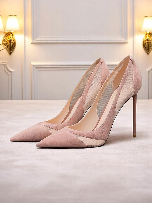 Toe Mesh Nude Pointed Pumps Women's with Suede Detailing