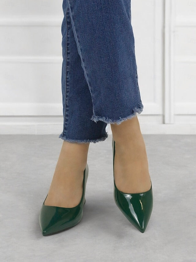 Faux Green Heel Leather Pointed-Toe Patent Block Glossy Pumps